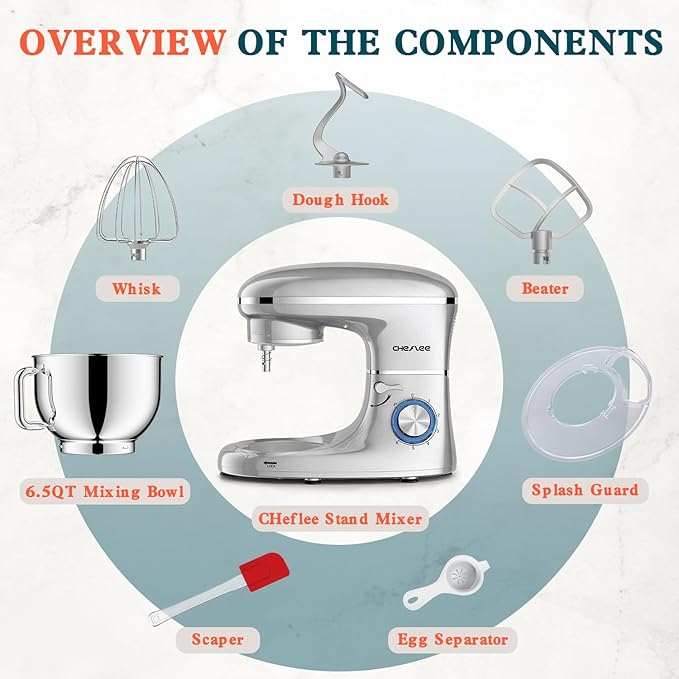 CHeflee Stand Mixer,660W 6+P With 6.5QT Stainless Steel Bowl,Dough Hook, Wire Whip & Beater,for Most Home Cooks-Silver