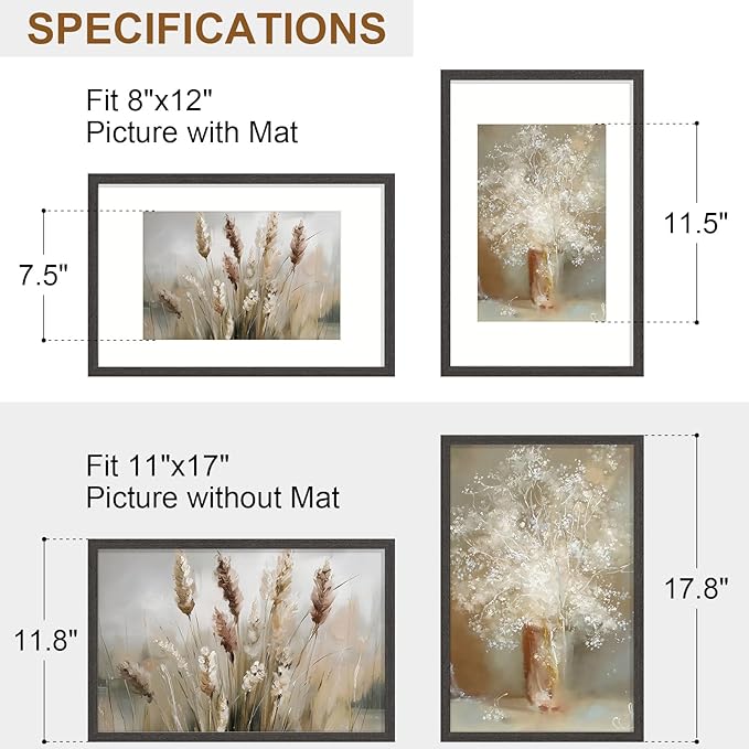 Vittanly 11x17 Picture Frame Set of 2, Solid Wood Frame for Wall Art Photo and Prints, Display Photo 8x12 with Mat or 11x17 without Mat, Black