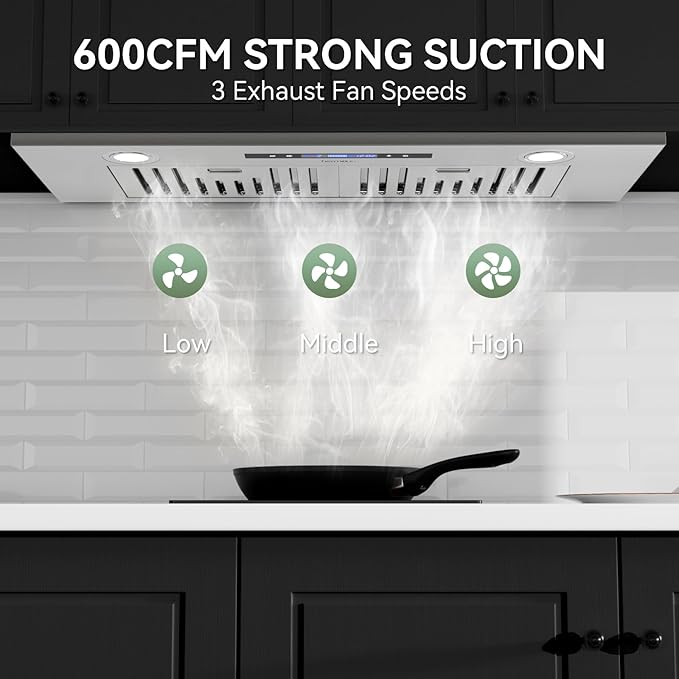 Hermitlux 30 inch Built-in/Insert Range Hood, 600 CFM Stainless Steel Vent Hood with 3 Speed Gesture Sensing & Touch Control Panel, Ducted/Ductless Convertible, LED Light and Charcoal Filters