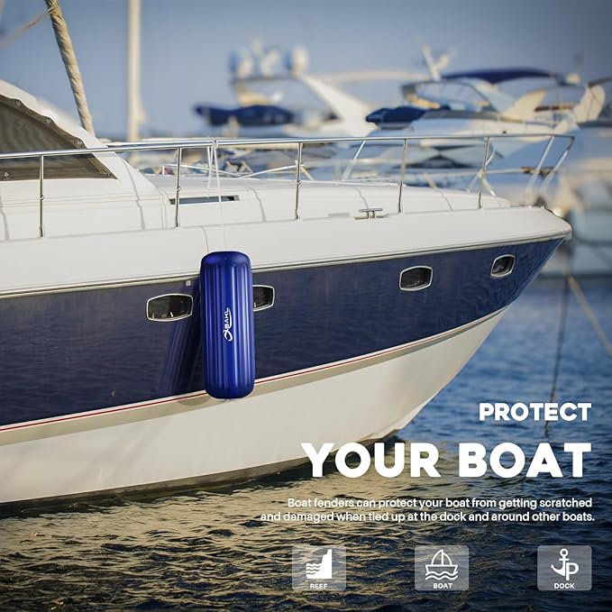 Boat Fenders 4 Pack 10 x 28 Inches Ribbed Center Hole Boat Fenders Bumpers for Docking, Comes with Ropes and Pump to Inflate