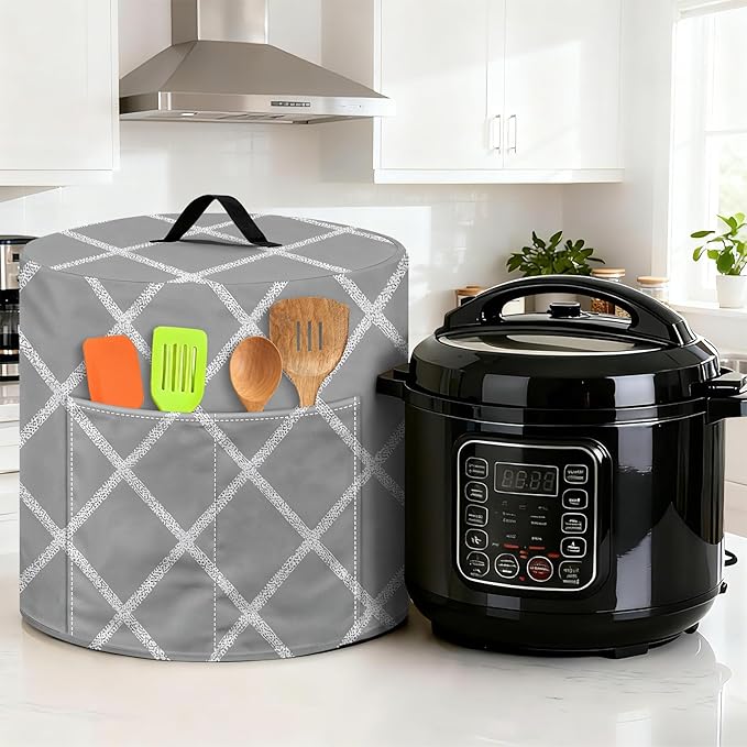 Kitchen Appliance Accessories Dust Cover for 3-6-8 Quart Instant Pot, Pressure Cooker, Air Fryer & Crock Pot,Decorative Appliance Cloth Cover with Top Handle & Storage Pockets (Grey, 8 Quart)