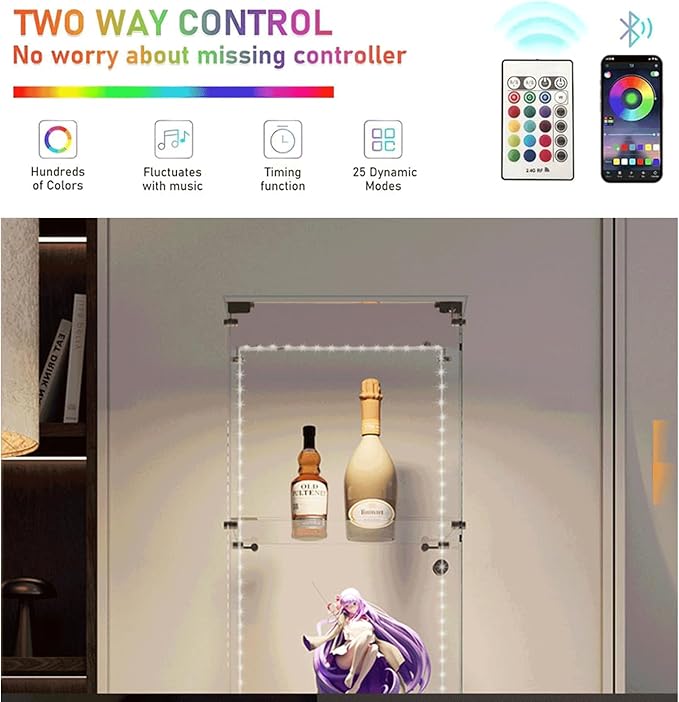 Glass Display Cabinet with LED Light Strip, 4 Shelves with 1 Door, Glass Top Curio Storage Cabinets with Lock & Caster for Living Room, Floor Standing Bookshelf,Quick Installation - White
