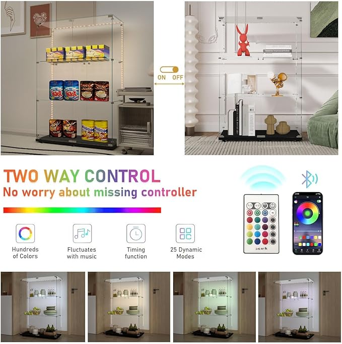 Yoluckea 3 Tiers Glass Display Cabinet with Bluetooth LED Light Strip, 2 Doors Floor Standing Curio Cabinet with Universal Wheel for Home, Black Glass Bookshelf for Collections, Clear Top