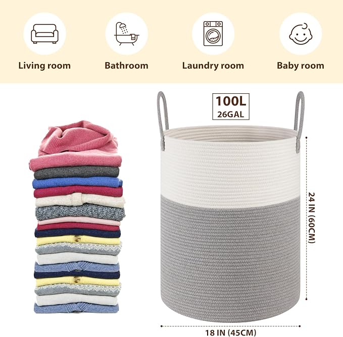 OIAHOMY 100L Nursery Hamper Laundry Basket Laundry Hamper Grey/White - Image 2