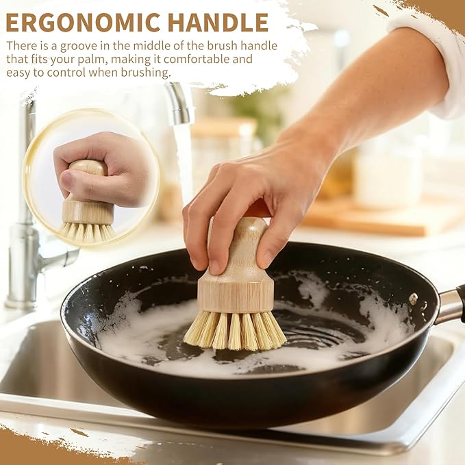 4 Pack Bamboo Dish Brush Set, Natural Palm Dish Scrubber - Image 5
