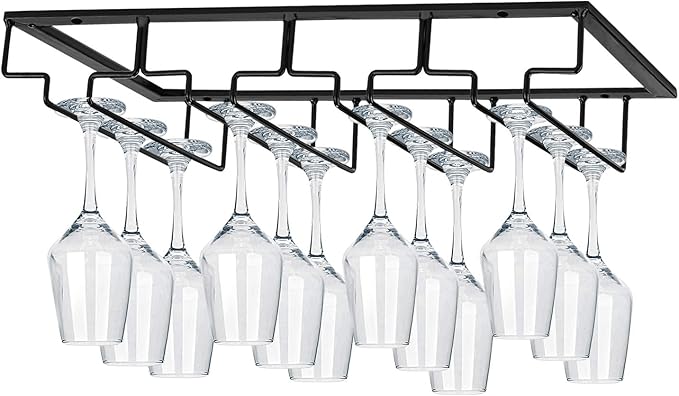 MOCOUM Wine Glasses Rack Under Cabinet Stemware Rack, Wine Glass Hanger Rack Wire Wine Glass Holder Storage Hanger for Cabinet Kitchen Bar (Black, 4 Rows 2 Pack)