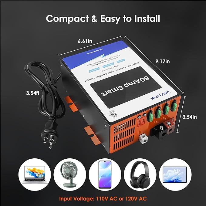 WAVLINK 80 Amp RV Power Converter, 120V AC to 12V DC Battery Charger with 3 Smart Charging Modes, 13V-16.5V Adjustable Operating Range, Multi-Stage Charging