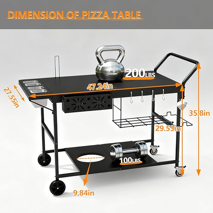 Pizza Oven Table with Topping Station, Outdoor Pizza Oven Cart, Grill Cart Table for Blackstone Griddle, Pizza Prep Station with Storage & Seasoning Tray, for Ninja, Cuisinart, Gozney