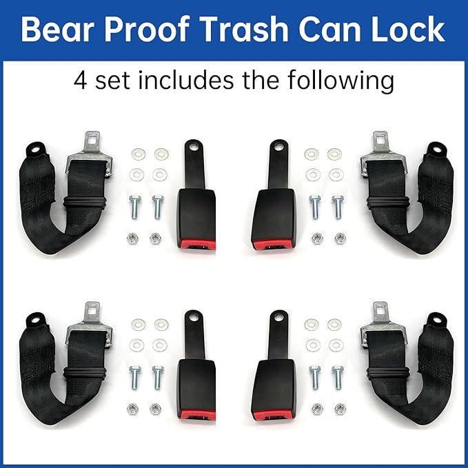 Trash Can Lock for Animals - Raccoon-Proof Trash Can Locks,(4Pcs) Heavy-Duty Bear Trash Can Lock with Lid Strap, Animal Proof Garbage Can Lock for Outdoor Trash Bin, One-Handed Operation