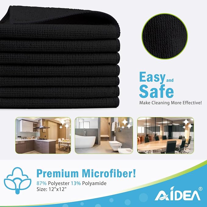 AIDEA Black Microfiber Cleaning Cloth-100PK, Reusable Cleaning Rags 12"x12" | - Image 2