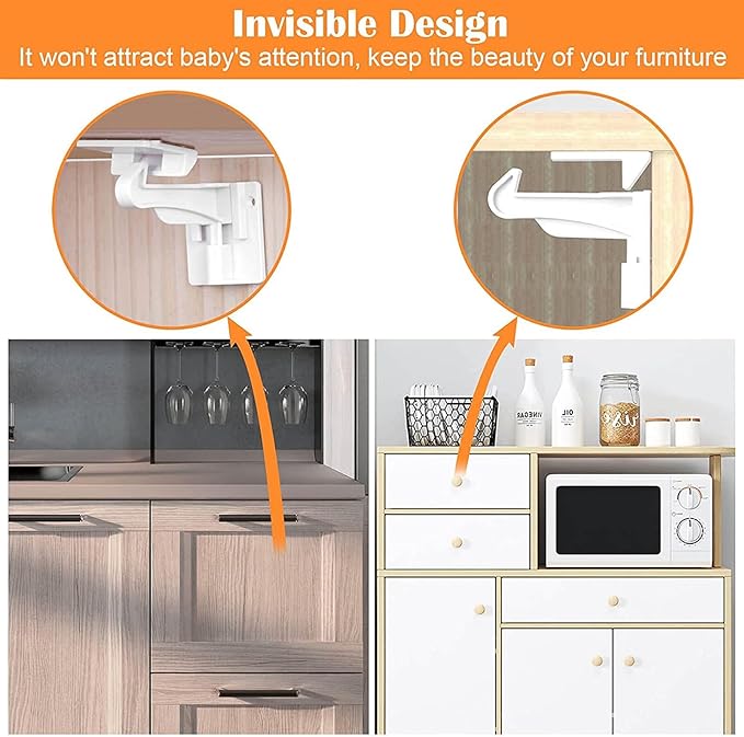 2 Pack Upgraded Invisible Baby Proofing Cabinet Latch Locks - No Drilling or Tools Required, Children Proof Cupboard Drawers Latches, Works with Most Cabinets and Drawers - Adhesive Easy Installation