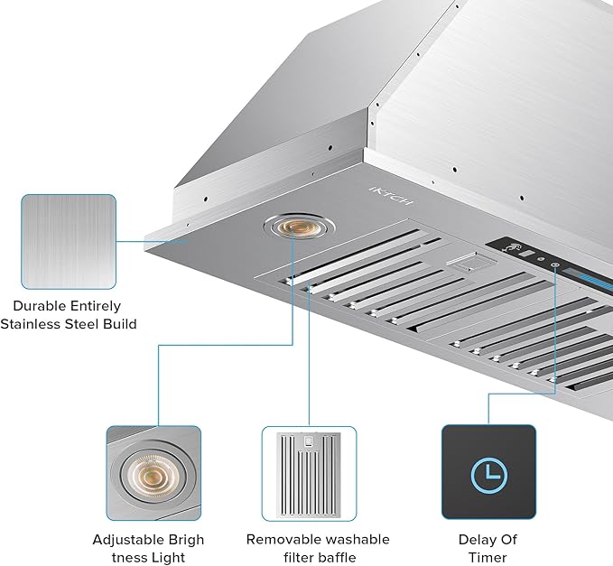 IKTCH 30 inch Insert Range Hood, 390 CFM Low Noise Kitchen Vent Hood, Ducted/Ductless Convertible Duct, Stainless Steel vent hood with 4 Speed Gesture Sensing&Touch Control Panel