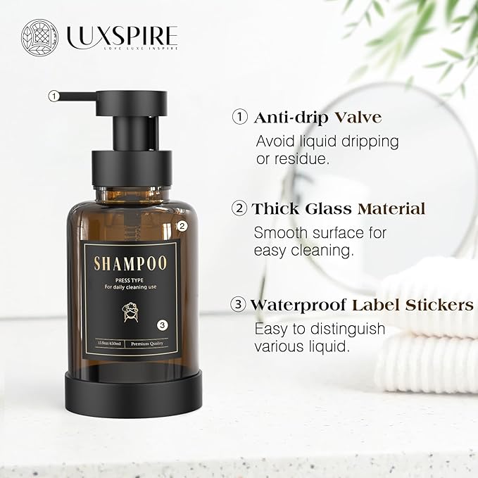 Luxspire Glass Foaming Soap Dispenser 15oz Hand Soap Bottle, 2 Pack | Anti-drip - Image 3