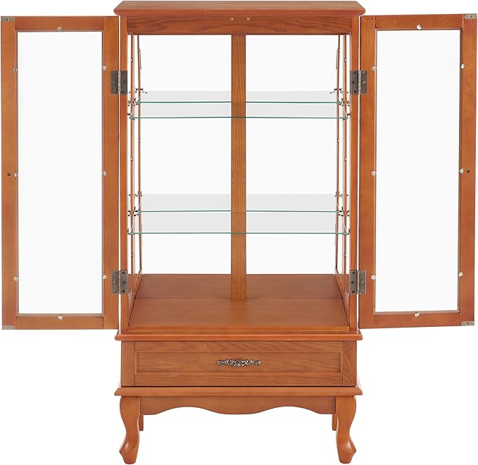 49" H Lighted Curio Cabinet Display Case, Glass Curio Cabinet with Adjustable Shelves,Tempered Glass Door and Drawer, Wooden Cabinets w/Mirrored Back Pane for Living Room (Oak)