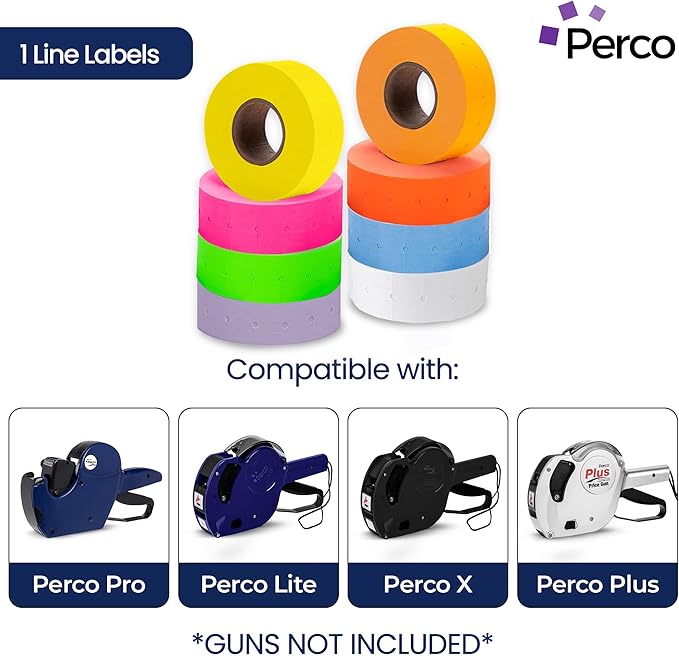 Perco 1 Line Multicolored Sleeves—32 Rolls, 4 Sleeves, 32,000 Labels for Perco Lite, X, Plus & Pro Guns—Includes White, Yellow, Blue, Lavender & Fluorescent Colors (Red Green Pink Orange)—Made in USA