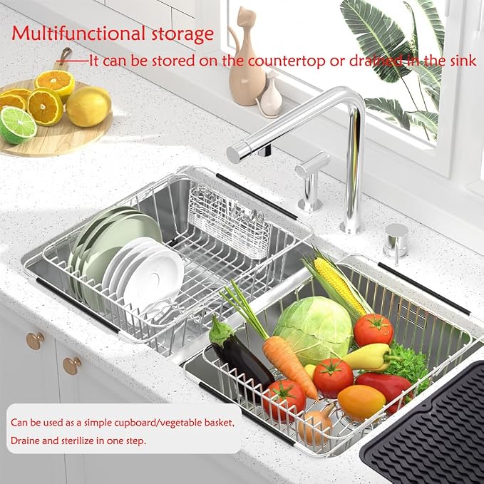 NiuYichee Stainless Steel Dish Drying Rack, Expandable Fruit & Vegetable Drain - Image 8