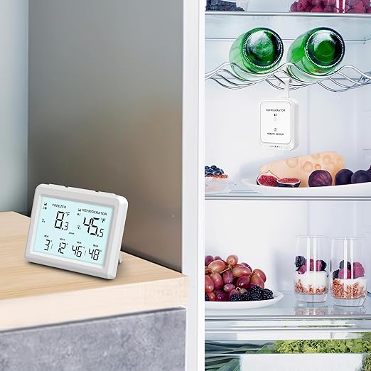 Digital Refrigerator Thermometer - 3.7 inch LCD Backlight Freezer Thermometer with 2 Sensors, Digital Fridge and Freezer Thermometer with Alarm, Max/Min Records, for Homes Restaurants Cellars