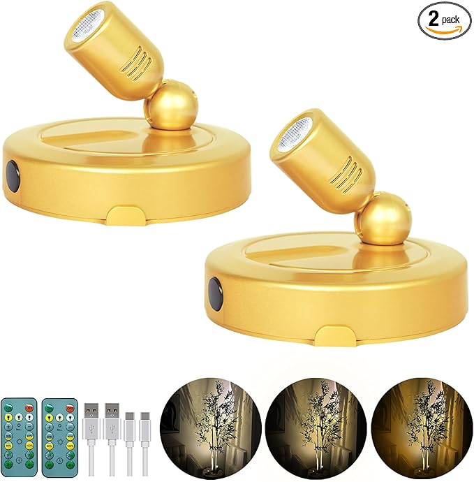 Rechargeable Indoor Spotlight, 3 Lighting Modes Battery Operated Spotlights with Remote, Picture Lights for Wall, Plant Tree Spotlight with Timer, Up Lights for Art Display Artwork-Gold