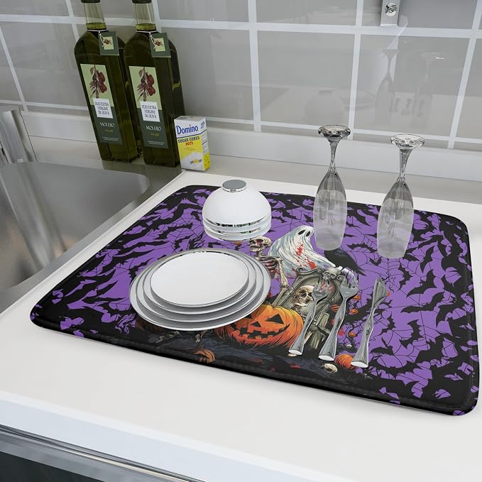 Giwawa Halloween Pumpkin Dish Drying Mat 18x24 inch Spooky Ghost Bat Dish Rack - Image 6