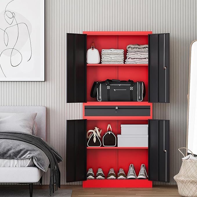 Letaya Metal Garage Storage Cabinet with Drawer,4 Door Tool Cabinet with Adjustable Shelves for Garage Home Office Utility Room (Red)