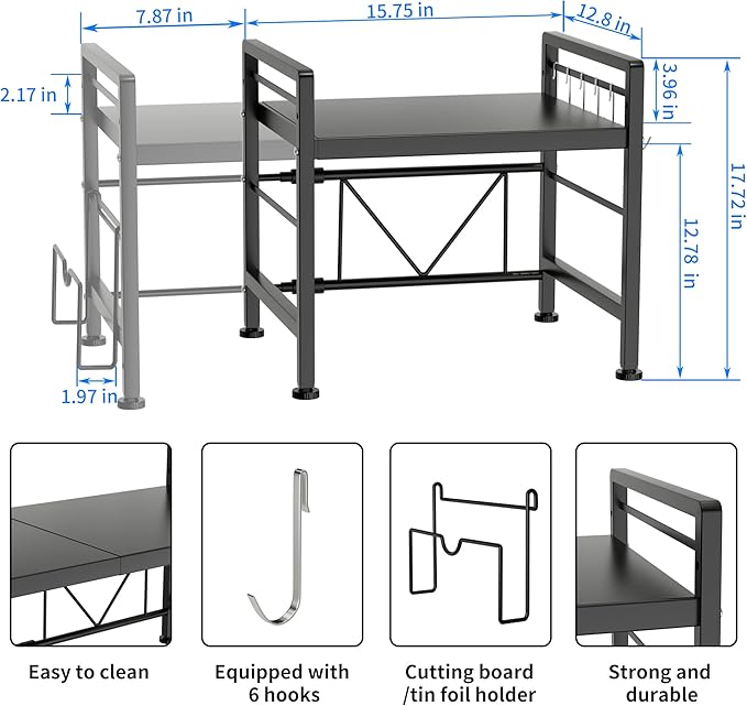 Extendable Microwave Oven Rack - Adjustable Kitchen counter shelf, 2 Tier Microwave Stand (L15.7~23.6" xW12.8 xH17.7) with 6 Hooks for Kitchen Countertop Organizer (Black)