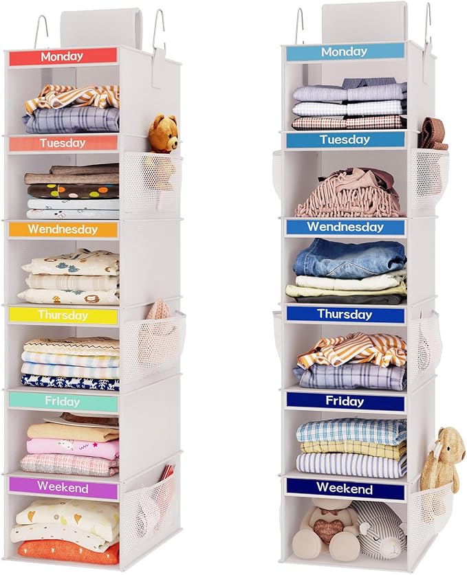 Fixwal Weekly Kids Clothes Organizer 2 Pack 6-Shelf Hanging Storage | Nonwoven by Fixwal