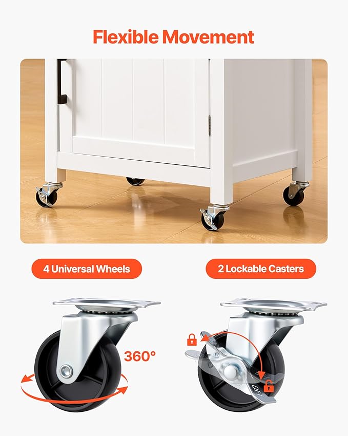 VEVOR Kitchen Island Cart with Single Door Cabinet, Mobile Carts with Drawer, Towel Rack, Hooks, Portable Table on Swivel Wheels, Small Coffee Islands Microwave Stand for Dining Room, 18x23 in, White