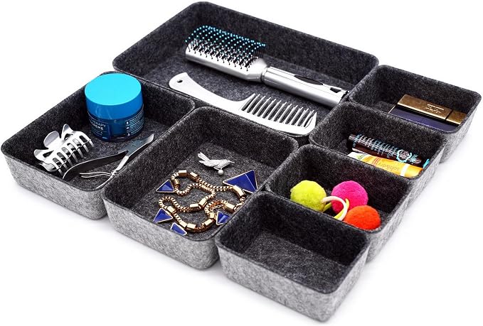 7pc Shallow Felt Desk Drawer Organizers Trays Charcoal Storage Bins - Image 4