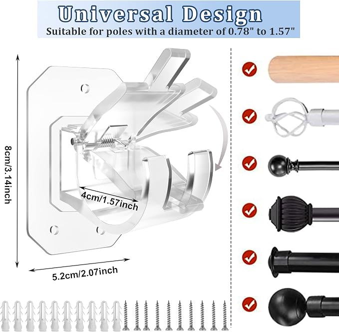 8PCS Upgraded No Drill Curtain Rod Brackets No Drilling Curtain Rod Holders - Image 2