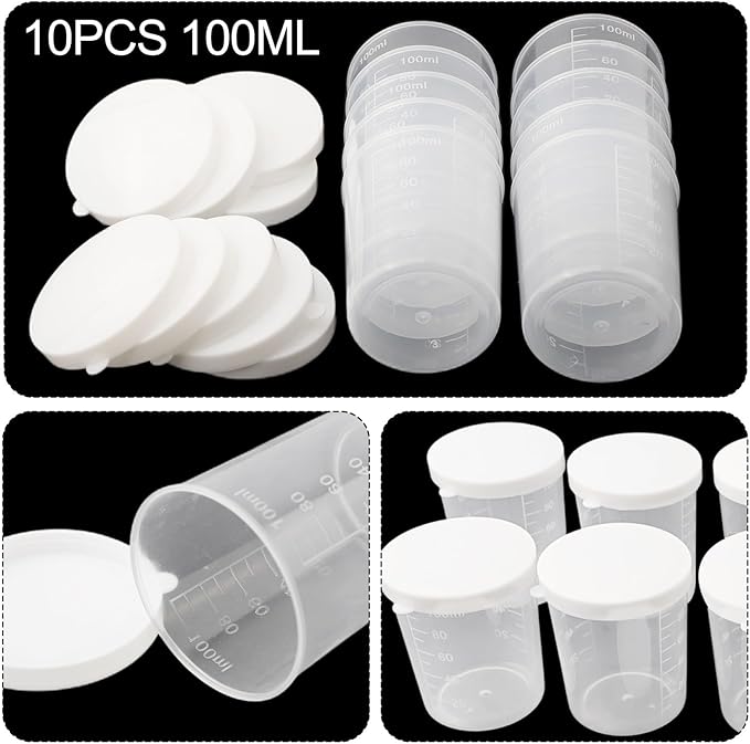 100ml Medicine Measuring Cups - 10 Pcs Clear Plastic Containers with White Lids for Liquid and Sample Measurement