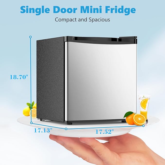1.6 Cu.ft Mini Fridge with Freezer, Compact Single Reversible Door Refrigerator, Adjustable Thermostat, Ultra Quiet, Energy Efficient for Office, Dorm, Bedroom, Apartment -Silver