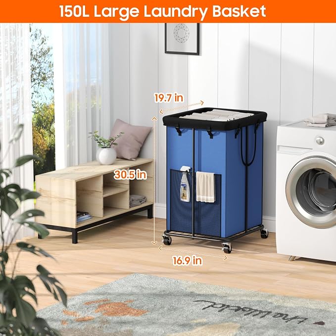 Laundry Hamper with Wheels, 150L Rolling Laundry Basket with Bag & Handles - Image 2