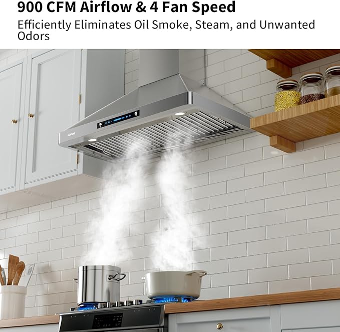 IKTCH Wall Mounted Range Hood 30 inch, 900 CFM Ducted/Ductless Stainless Steel Range Hood with Gesture Sensing & Touch Control IKP02R-30