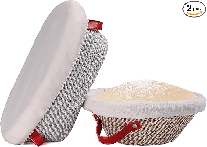 Banneton Bread Proofing Basket - Oval & Round Sourdough Bread Baskets Set - With Liner & Cloth Cover - For Proofing Sourdough Bread & Bread Storage (Grey & Khaki Set) - Cotton Rope