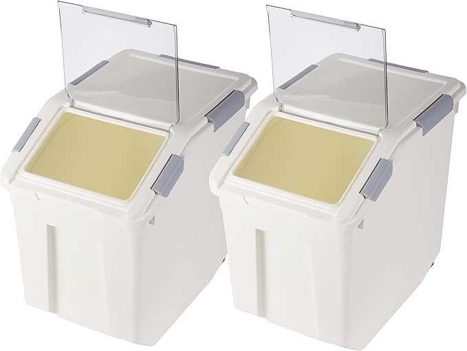 EonTone Pack-2 Bulk Large Sealed Flour Storage Container 25 Liters (30 lbs) with Lockable Lid Wheels and Measuring Cup BPA-Free Food Dispenser