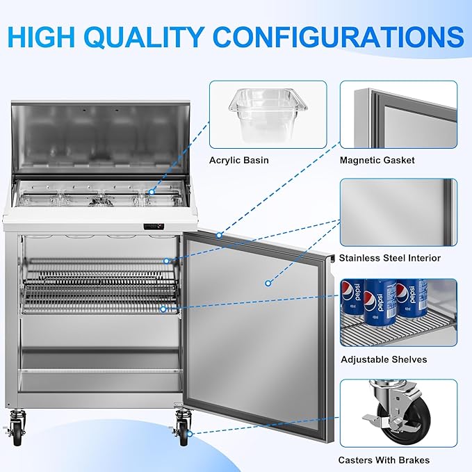 29" W Commercial Refrigerator Sandwich Salad Prep Table, 7.6 Cu.ft 1 Door Commercial Stainless Steel Mega Top Food Prep Fridge with 12 Pans, Salad Prep Station for Restaurant, Bar, Shop