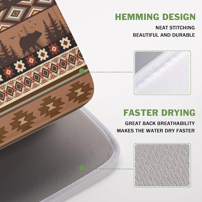 Giwawa Rustic Bear Deer Dish Drying Mat Boho Ethnic Drainer Rack Pad 16x18 Inch - Image 4