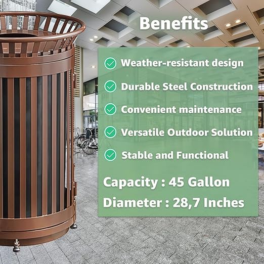 45 Gallon Commercial Brown Waste Bin with Flat Lid & Door, Heavy-Duty Outdoor Trash Can Steel Slatted, Round Recycle Container, Durable Garbage Can for Parks, Municipalities, Schools, Parking