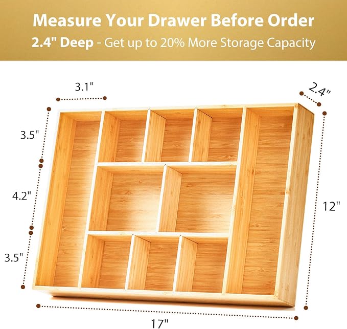 Extra Large Bamboo Desk Drawer Organizer, Wood Junk Organizer Tray - Image 4