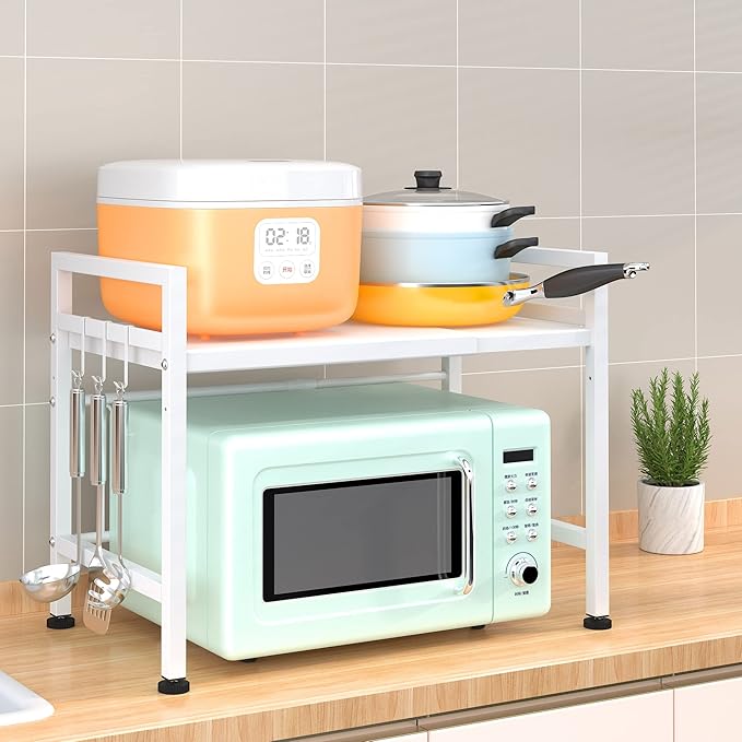 PUSDON Extendable Microwave Oven Rack, Adjustable Microwave/Toaster Shelf Heavy Duty Stand Kitchen Counter Top Organizer(L15.7~23.6" xW12.6 xH18.9), 2-Tier with 3 Hooks, 160lbs Weight Capacity, White
