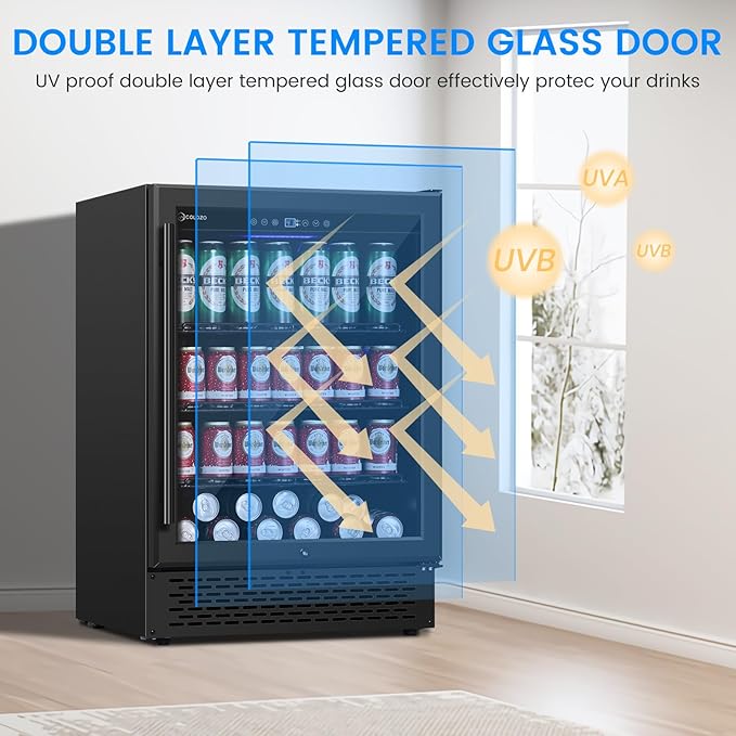 24 Inch Black Beverage Refrigerator Under Counter,190 Cans Beverage Fridge with Glass Door&Lock, Built-in/Freestanding Beverage Cooler for Home Bedroom Bar or Office, Low Noise Compressor