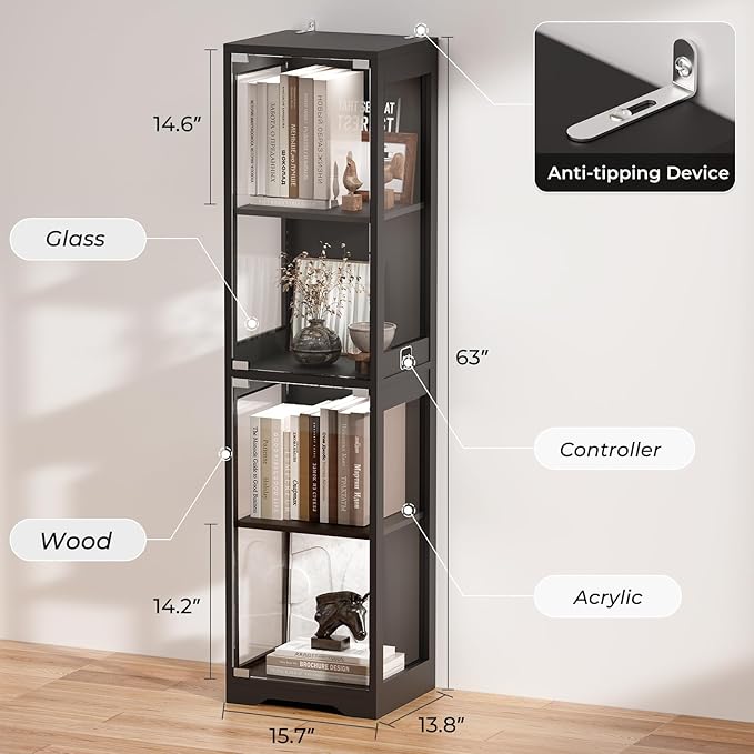 Glass Display Cabinet, 4-Tier Curio Cabinets with 3 Color Lights for Collectibles, Storage Cabinet with Door, Glass Display Case & Bookcase with Human Body Sensor, Black