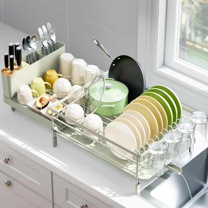 Urackify Extendable Dish Rack, 18.5"-26.7" L x 12.7" W, Soft Celery Green | by Urackify
