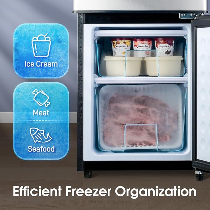 4.0 Cu.Ft Fridge with Bottom Freezer, Double Door Refrigerator with Drawer, 7 Level Temperatures, Adjustable Shelves for Bedroom, Dorm, Office, Apartment, Silver