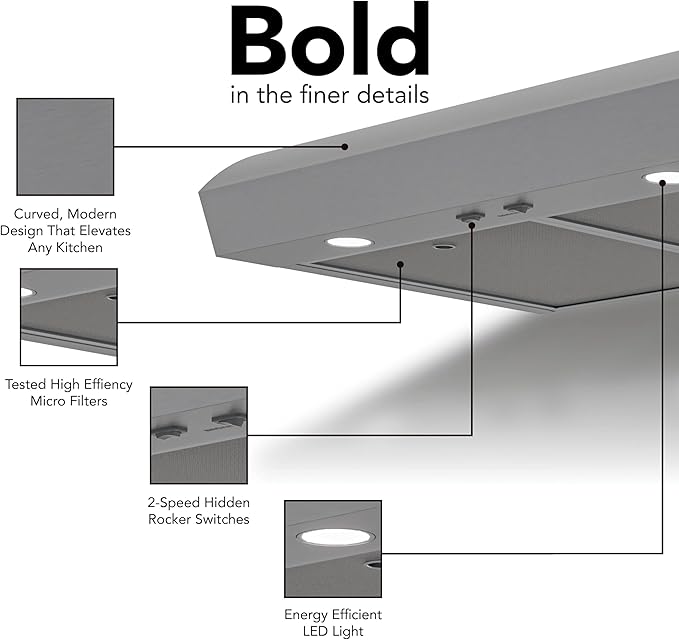 Broan-NuTone 30-Inch Stainless Steel Under Cabinet Range Hood- Modern Design with Quiet Power at 350 CFM, 1.5 Sones for Powerful Kitchen Ventilation