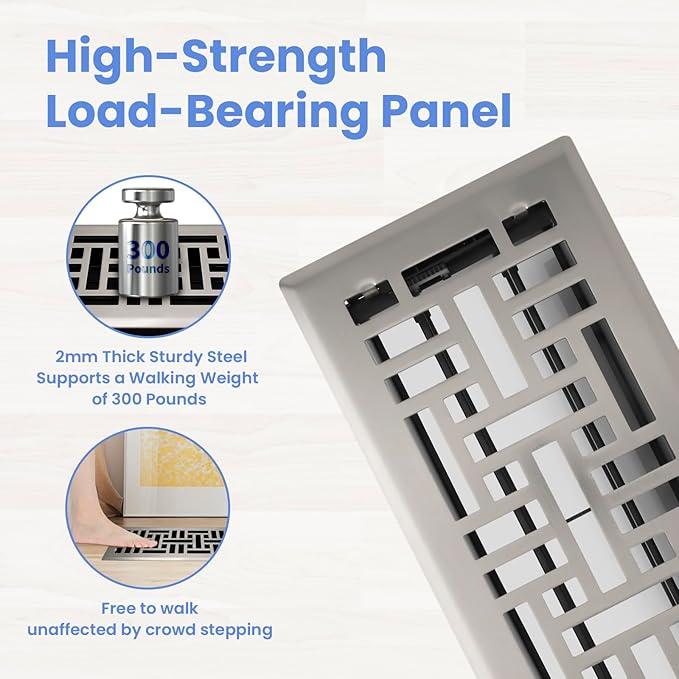 4x10 Inches 6 Pack Heavy Duty Walkable Floor Register - Easy Adjust Air Supply Lever Decorative Floor Vent Covers, Seattle Design Vent Covers for Home - Satin Nickel