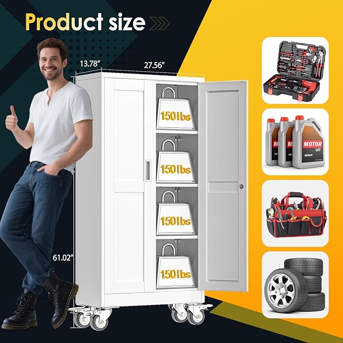 61''H Metal Garage Storage Cabinet with Wheels,Steel File Cabinets with 2 Doors and 3 Adjustable Shelves for Home Office, Warehouse, Required Assembly,White