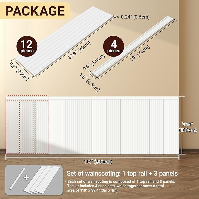 Premade Board-and-Batten Wainscoting Kit - Ready to Assemble Cover 118" x 39.4", Paintable Panel Molding Trim Slats for Accent Wall