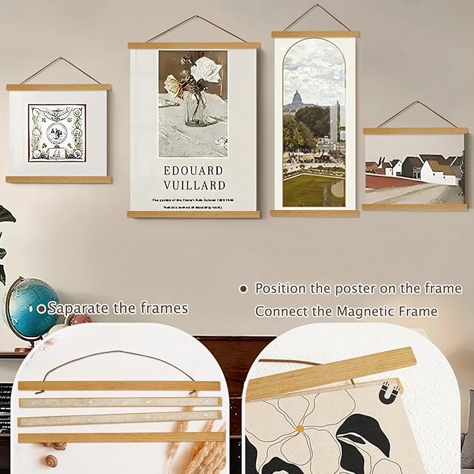 2 Pack Magnetic Poster Hanger Frame, 19x19 19x13 19x25 Light Wood Wooden Magnet Canvas Artwork Print Dowel Poster Hangers Frames Hanging Kit (Teak Wood, 19", 2 Packs)