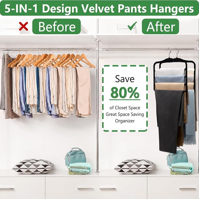 2 Pack Non-Slip Velvet Pants Hangers, Magic Space Saving Closet Organizers | - Image 2